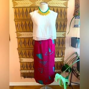 Vintage 1980s Magenta & Turquoise Animal Print Midi Skirt